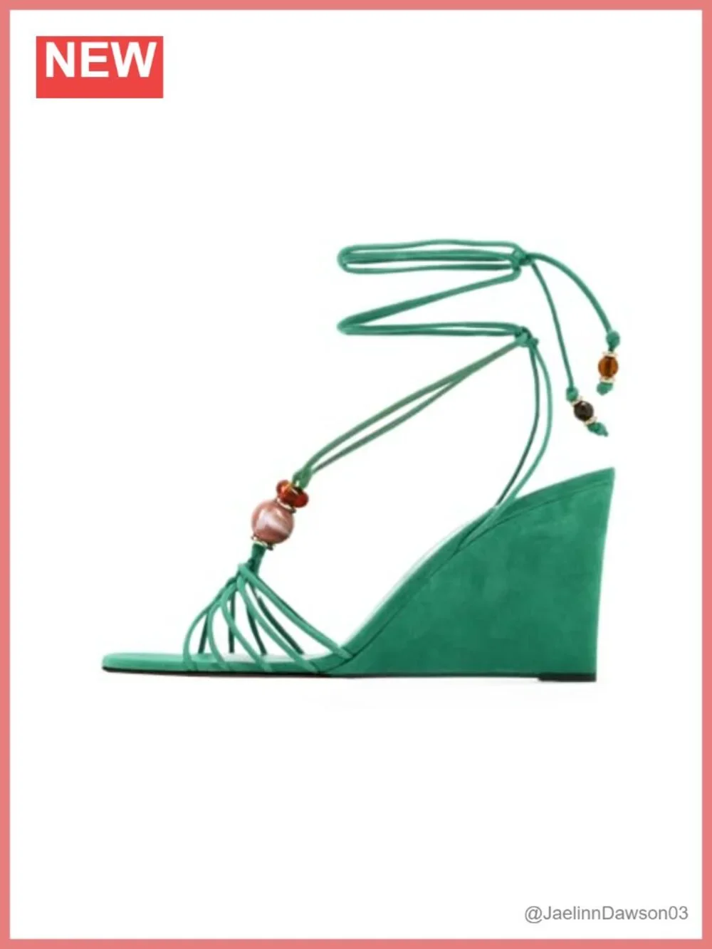 Beaded Suede Wedge Sandals Square Toe Lace-Up Ankle Strap 3.3-Inch Heels